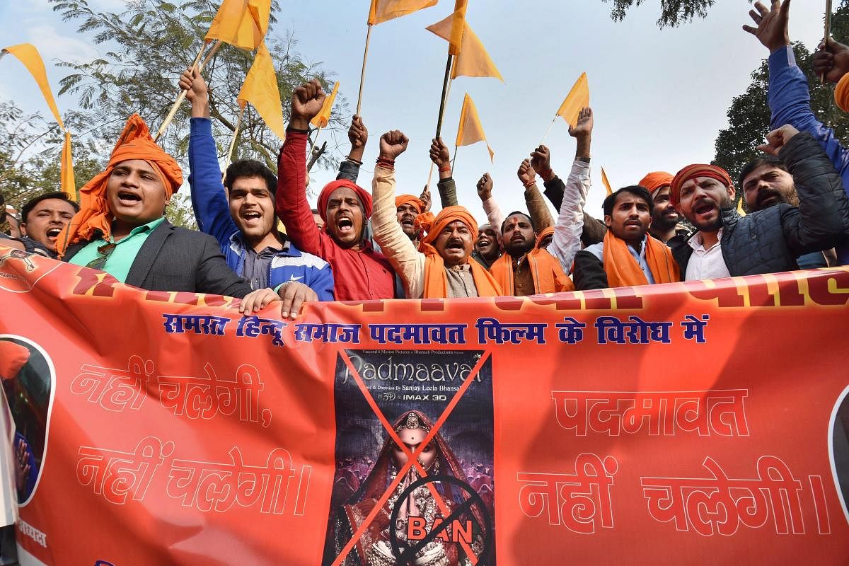 Karni Sena members protest against the release of film 'Padmaavat' in Patna on Wednesday. PTI