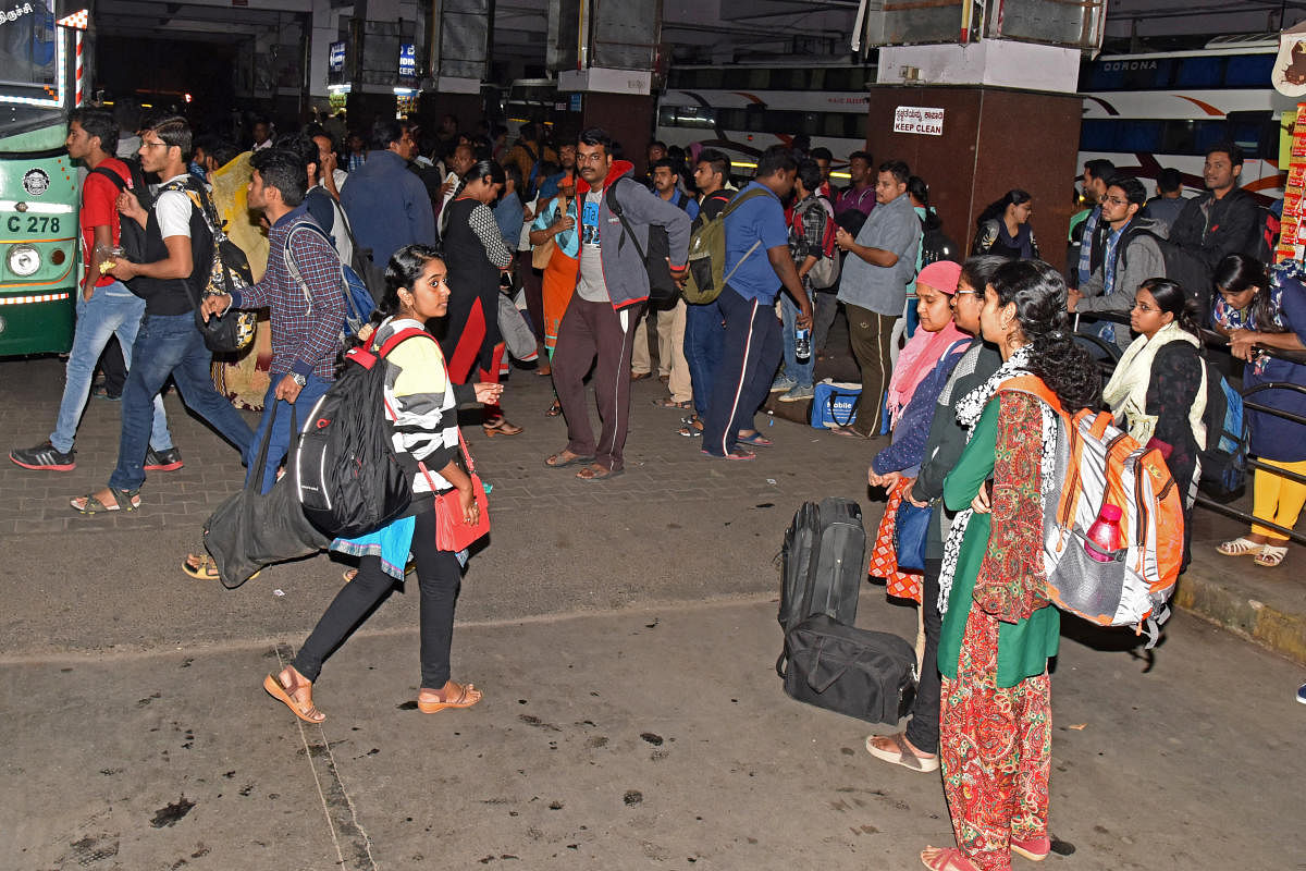 Passengers are waiting for buses to reach their destinations, due to sudden holiday and Karnataka bandh at Shanthinagar bus terminal in Bengaluru on Wednesday. DH photo for representation.