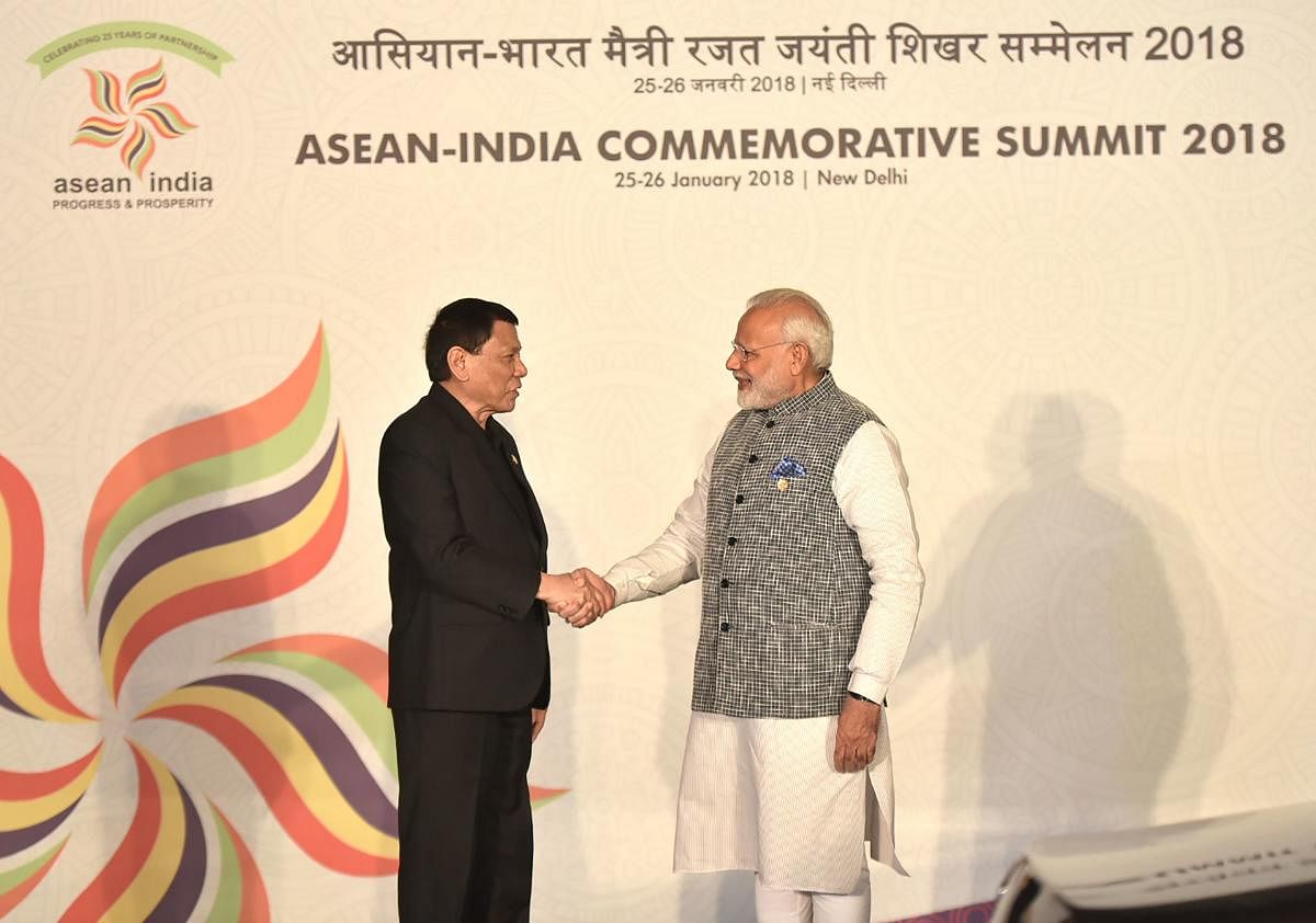 Prime Minister Narendra Modi shakes hands with Philippines President Rodrigo Duterte in New Delhi. AFP
