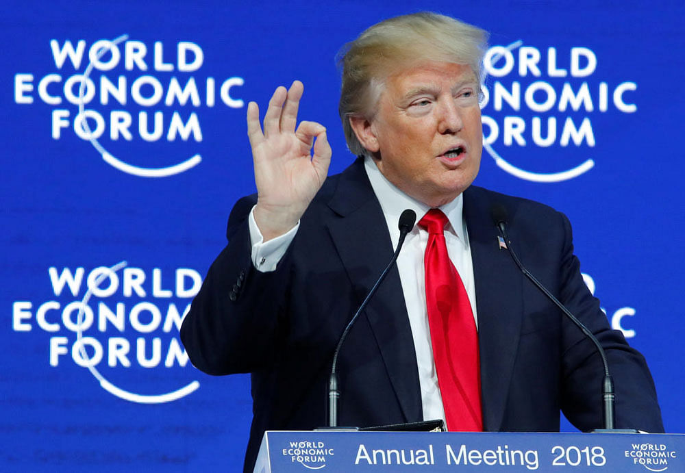 Donald Trump addresses a press conference at the World Economic Forum in Davos. Reuters photo.