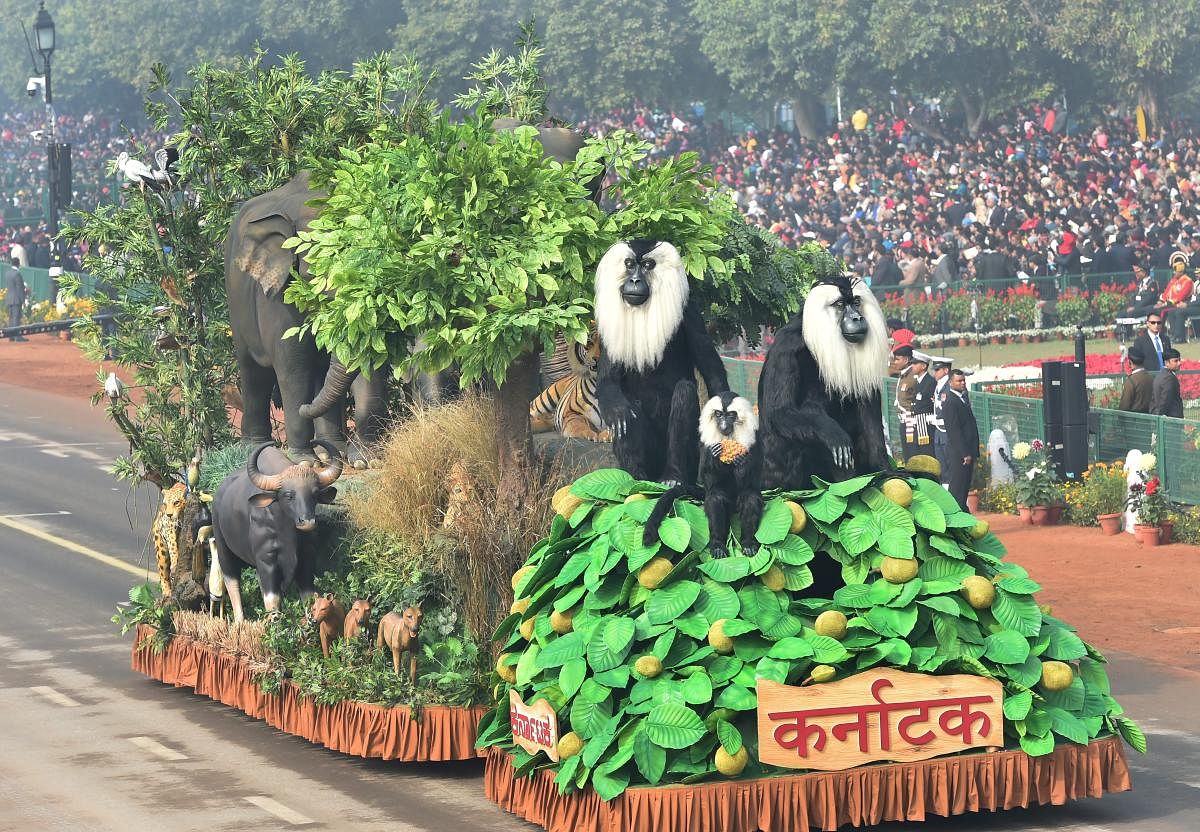 A tableau of Karnataka state on display at Rajpath during the 69th Republic Day Parade, in New Delhi on Friday. PTI