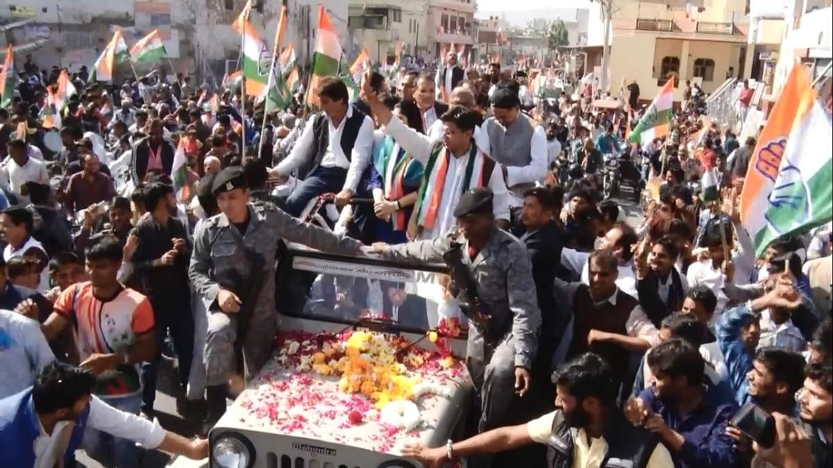 Congress leader Sachin Pilot on the last day of campaign trail in Ajmer on Saturday. DH photo