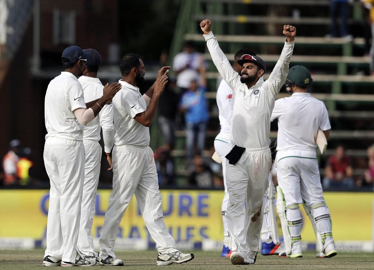 Johannesburg: India's captain Virat Kohli, celebrates after winning the match on the fourth day of the third cricket test match between South Africa and India at the Wanderers Stadium in Johannesburg, South Africa, Saturday, Jan. 27, 2018. India beat South Africa by won 63 runs. AP/PTI