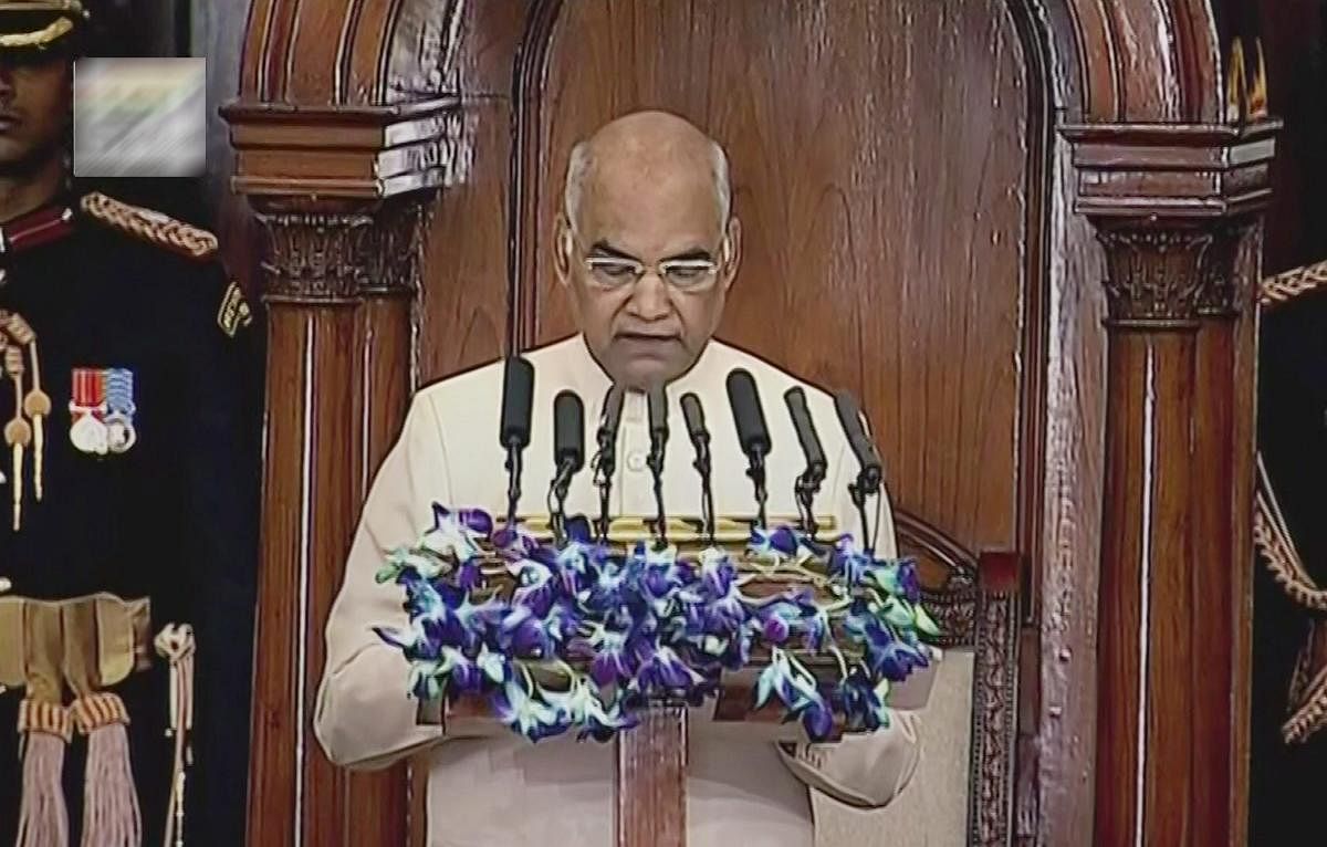 President Ram Nath Kovind speaks on the first day of Budget Session, in New Delhi on Monday. PTI