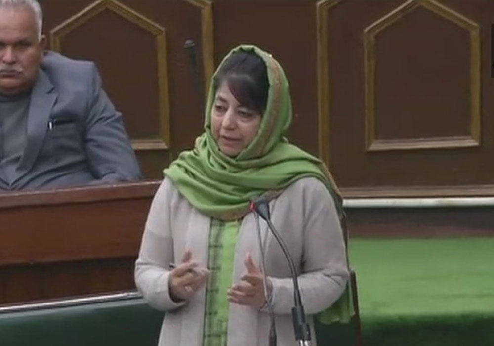 Mehbooba Mufti speaks in the Jammu and Kashmir assembly. ANI/twitter photo.