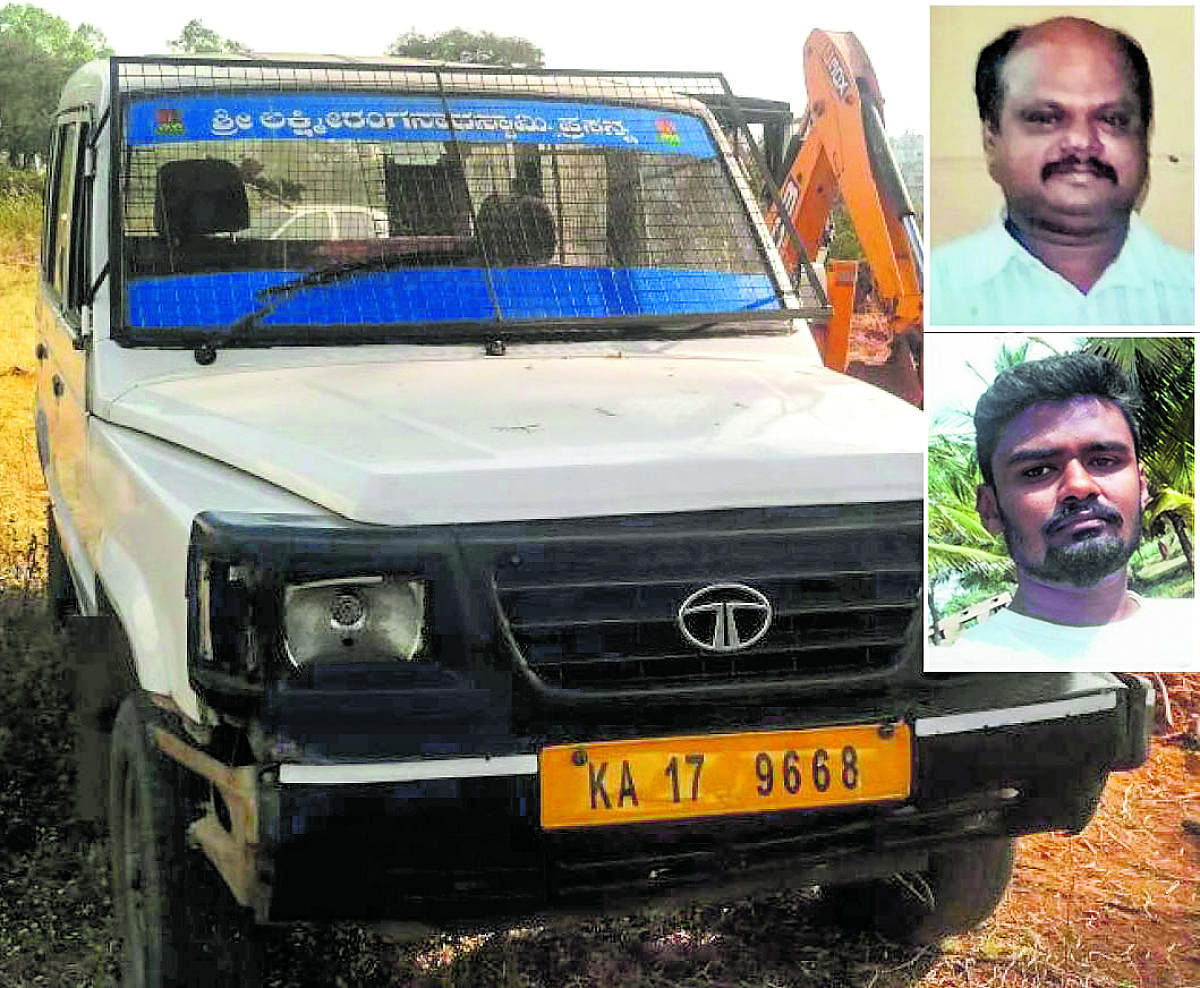 The two employees including a diver of CMS Cash Management company drove away cash of Rs 90 lakh at Jnanabharathi on Monday evening. The accused have been identified as driver Narayanaswamy (45) and his assistant Narasimharaju (28). The due had escaped in a TATA Sumo vehicle and abandoned the vehicle in Kittanahalli forest area in Madanayakanahalli and fled from the scene. DH photo