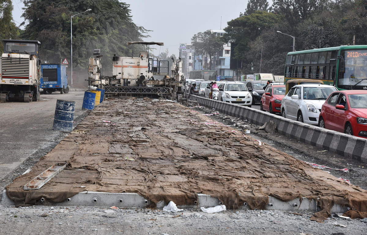 White topping road work going on at Madiwala in Bengaluru on Monday. Photo by S K Dinesh