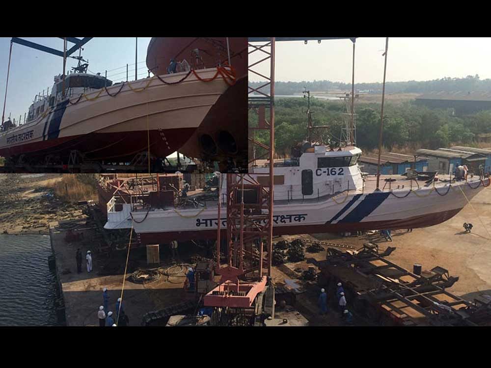 The patrol vessel was handed over at the Bharati Shipyard on the Taneerbavi beach by BDIL officers to the Coast Guard's officers.