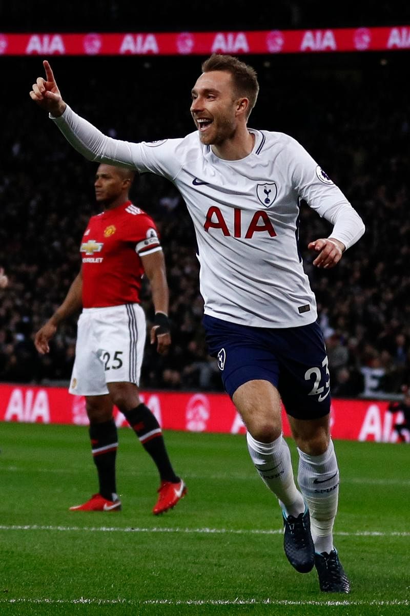 SPEEDY STRIKE Tottenham Hotspur's Christian Eriksen celebrates after scoring the opening goal against Manchester United on Wednesday. AFP