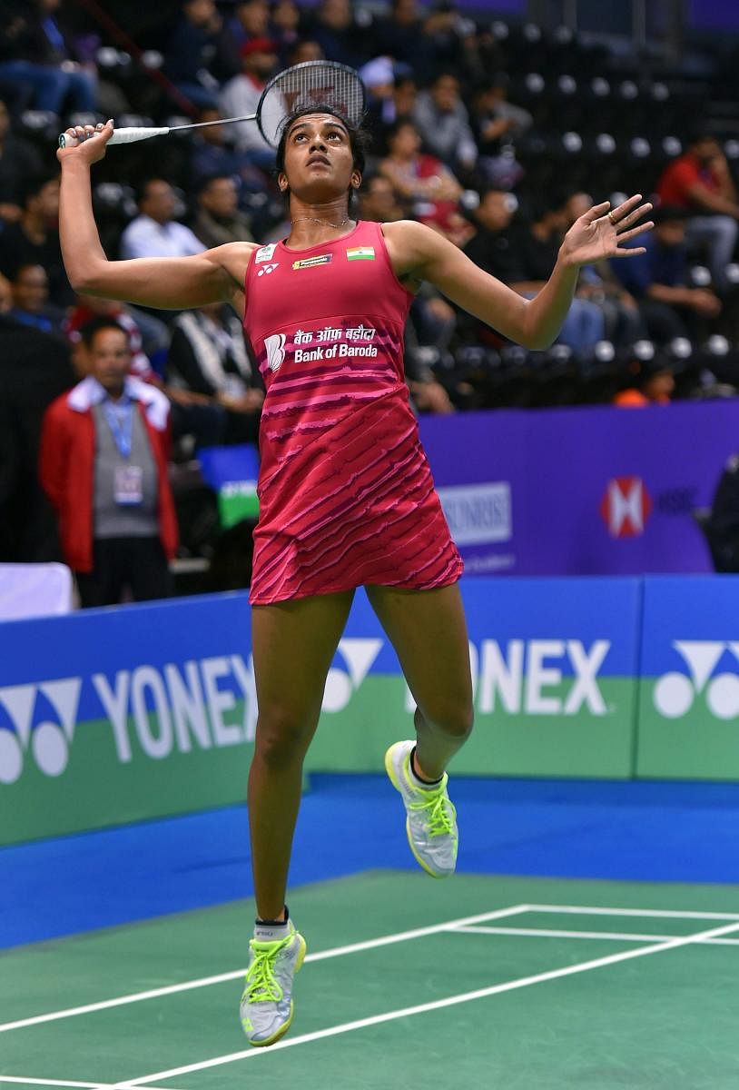 FOCUSED: P V Sindhu en route to her win over Beatriz Corrales of Spain in New Delhi on Friday. PTI