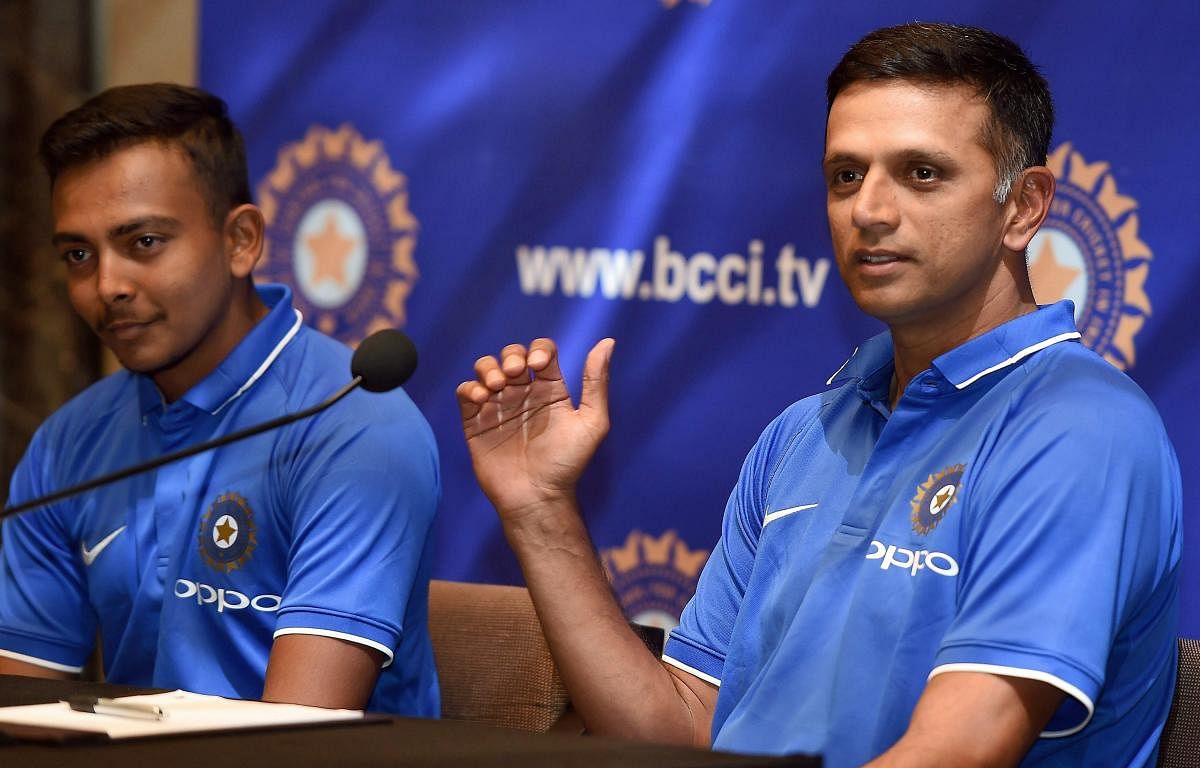 Under 19 coach Rahul Dravid and under-19 Captain Prithvi Shaw address a pre-departure press conference in Mumbai ahead of the under -19 Tour for the World Cup.