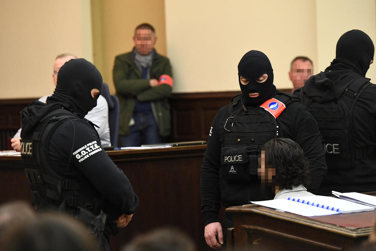 Salah Abdeslam, one of the suspects in the 2015 Islamic State attacks in Paris, appears in court during his trial in Brussels, Belgium, on Monday. REUTERS