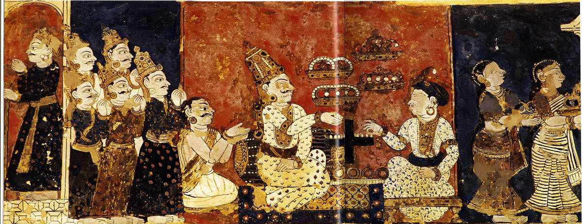 Mural in a Jain Math in Shravanabelagola. Image Source: 'Indian Painting: The Great Mural Tradition' by Mira Seth.