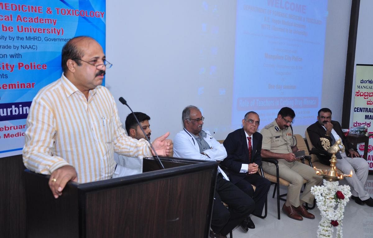 City Police Commissioner T R Suresh inaugurates a workshop on 'Role of teachers in preventing drug menace' held at K S Hegde Medical Academy in Deralakatte on Tuesday.