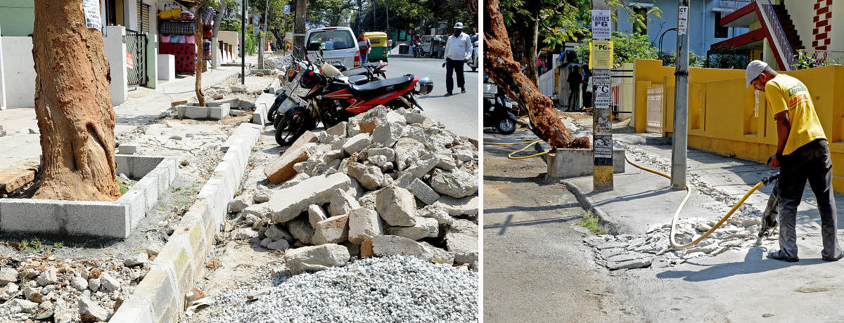 Footpath being dug up for the new layer on Banashankari BDA complex main road in Bengaluru on Tuesday. Photo Srikanta Sharma R.