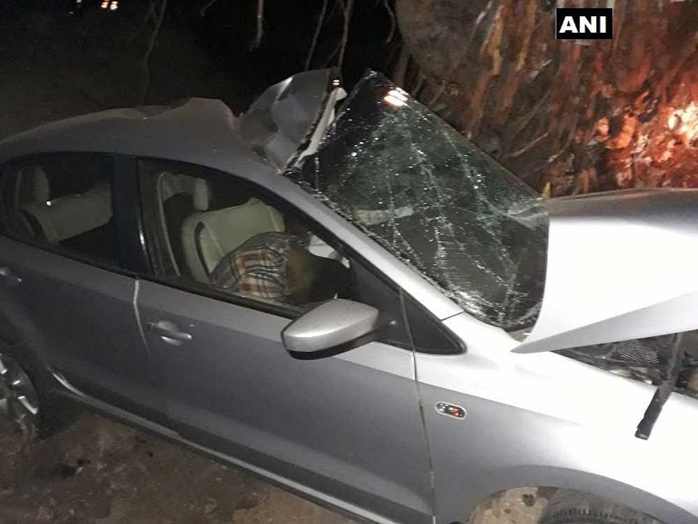 The car was heading towards Palghar city from Vadrai village when its driver lost control over the wheels near the Patilwadi turn around 3 am, a police official said. Image courtesy ANI/Twitter