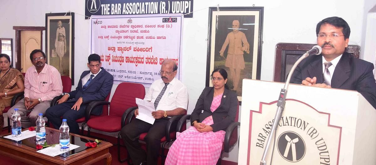 District and Session judge Venkatesh Naik speaks at a workshop on Aids and voluntary blood donation camp in Udupi on Wednesday.