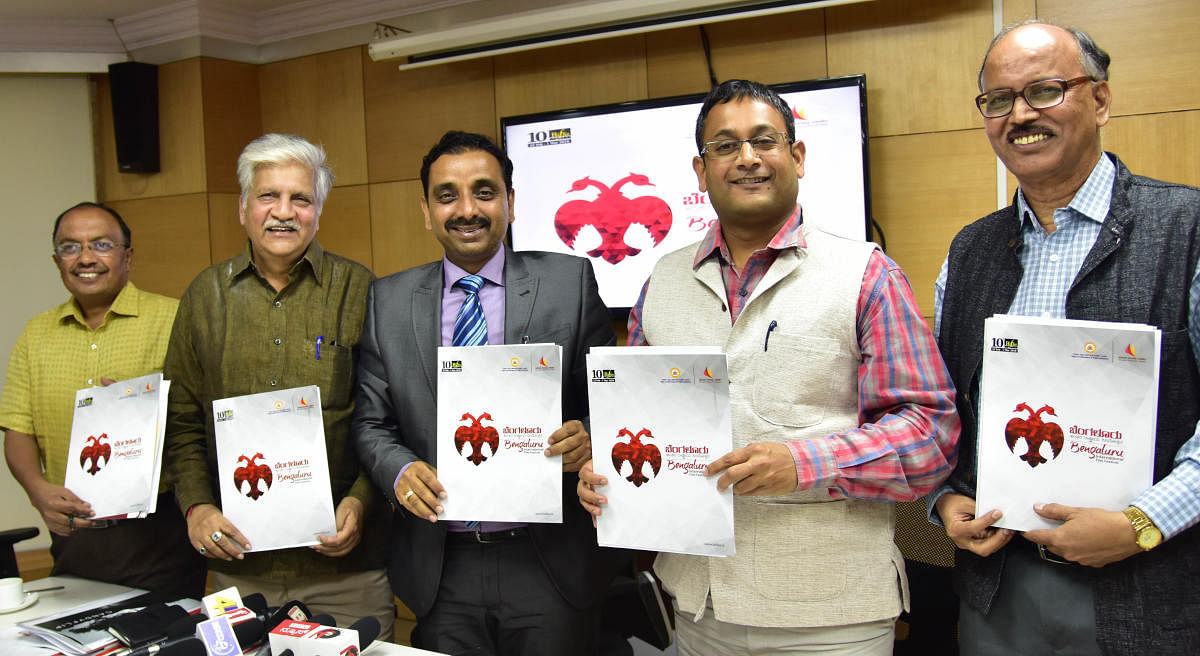 (From Left) H. B. Dinesh, Member Secretary, 10th BIFFES 2018, Rajendra Singh Babu, Chairman, Karnataka Chalanachitra Academy, Pankaj Kumar Pandey, Secretary, Department of Information & Public Relations, Dr. P S Harsha, Commissioner, Department of Information & Public Relations and N. Vidyashankar, Artistic Director,10th BIFFES 2018 are seen during the Press Conference to announce the further details.