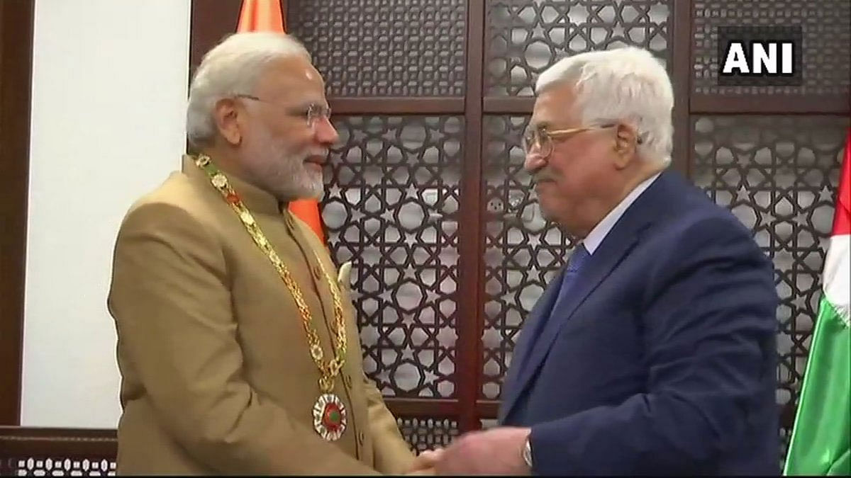 Prime Minister Narendra Modi was today conferred the 'Grand Collar of the State of Palestine' by President Mahmoud Abbas, recognising his key contribution to promote relations between India and Palestine. ANI photo