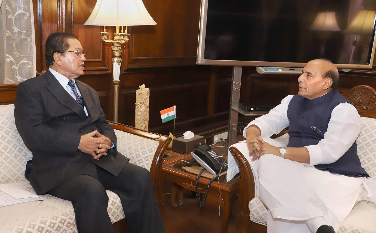 Mizoram Chief Minister Lal Thanhawla calls on Union Home Minister Rajnath Singh in New Delhi on Tuesday. PTI