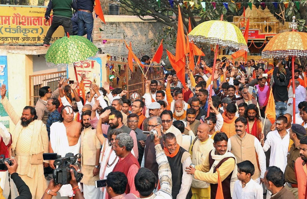 Rameswaram 'Rama Rajya Ratha Yatra', a chariot modelled on the proposed Ram Janma Bhoomi Temple, being flagged off from from Karsevakpuram in Ayodhya on Tuesday. PTI