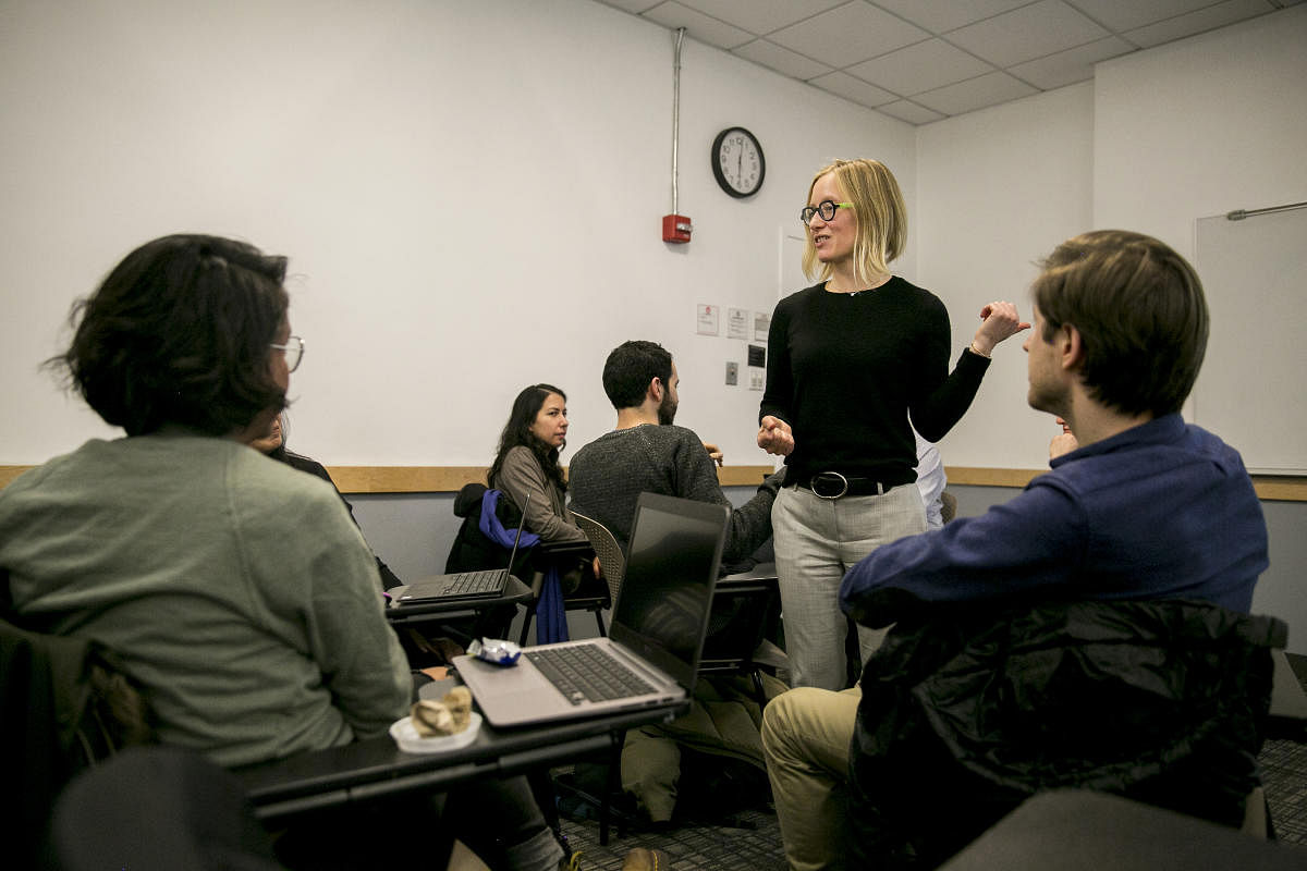 Laura Noren, a postdoctoral fellow at the Center for Data Science at New York University, teaches a course on ethics in data science at New York University in New York, Feb. 1, 2018. Schools that helped produce some of Silicon Valley's most prominent leaders are hustling to bring a more medicine-like morality to computer science. (Sam Hodgson/The New York Times)