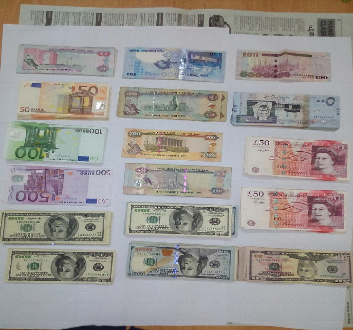 Foreign currency seized from a passenger at Mangaluru International Airport.