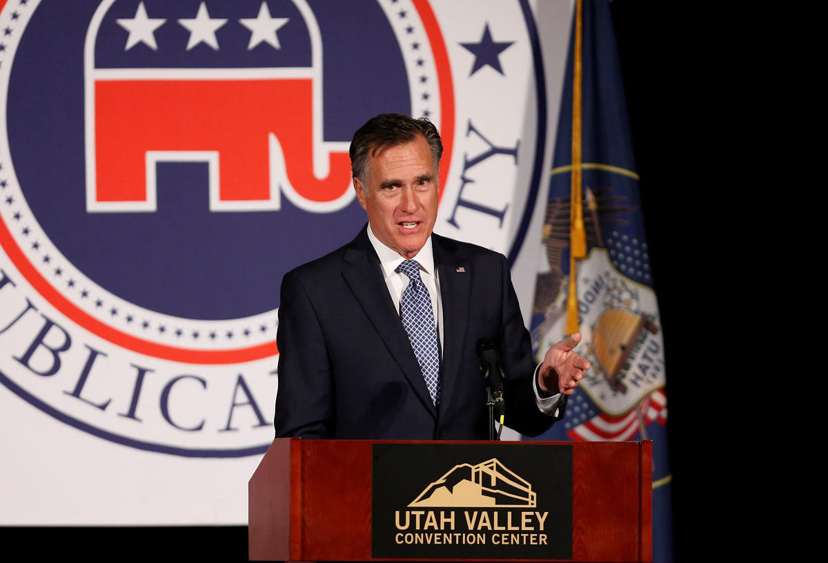 Former US presidential candidate Mitt Romney speaks at the Utah County Republican Party Lincoln Day Dinner, in Provo, Utah, US, on Friday. REUTERS