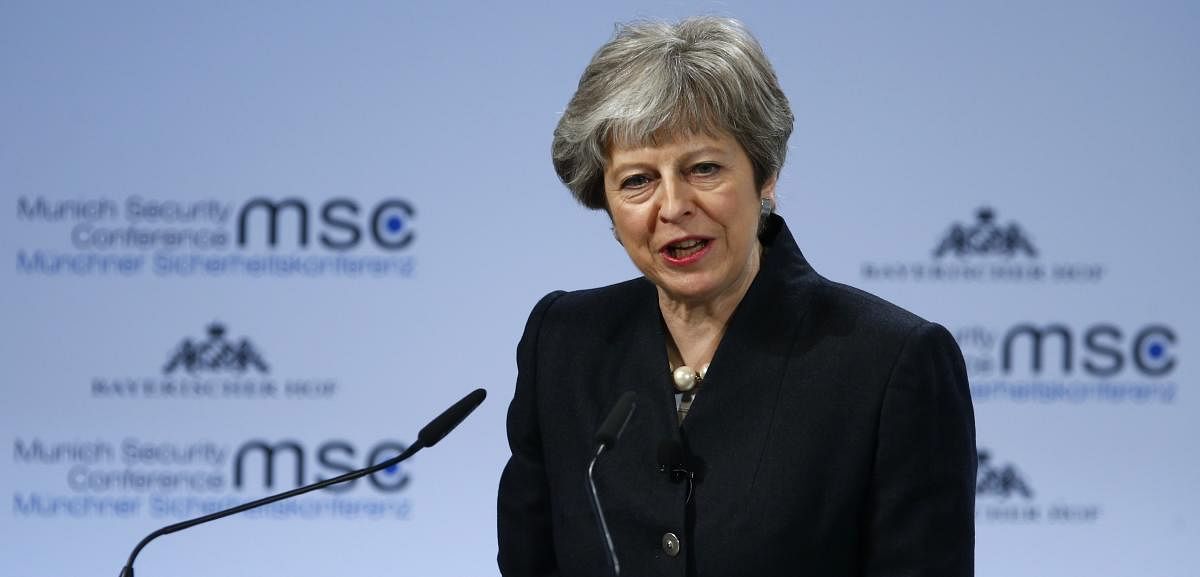 Britain's Prime Minister Theresa May talks at the Munich Security Conference in Munich, Germany, on Saturday. REUTERS