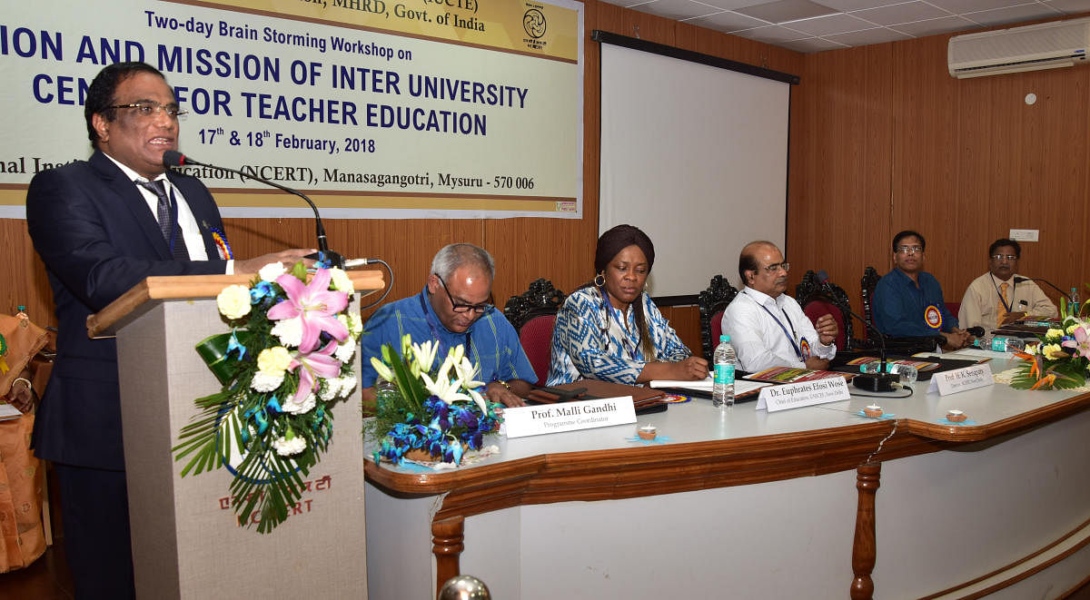 University of Hyderabad vice chancellor Podile Appa Rao speaks during the workshop on 'Vision and Mission ofInter-University Centre for Teacher Education', at the Regional Institute of Education (RIE), in Mysuru on Saturday. Programme coordinator Malli Gandhi, UNICEF Chief of Education Euphrates Efosi Wose, NCERT Director H K Senapaty, and RIE principal Y Sreekanth are seen.