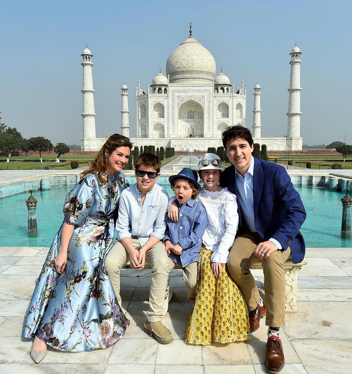 Canadian Prime Minister Justin Trudeau with wife Sophie Gregoire Trudeau and children visit the Taj Mahal in Agra on Sunday. PTI
