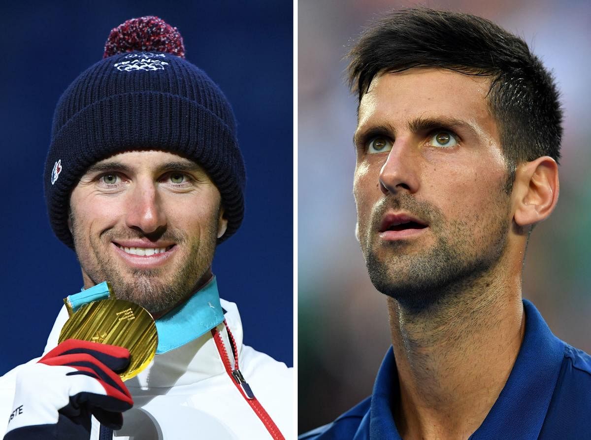 Combination photo made on February 18, 2018 shows France's snowboard cross gold medallist during the Pyeongchang 2018 Winter Olympic Games, Pierre Vaultier (L) and Serbia's tennis player Novak Djokovic. Novak Djokovic congratulted Pierre Vaultier via Twitter and invited him at Roland Garros responding to a wish expressed by Pierre Vaultier during a French TV show. / AFP PHOTO / Paul CROCK AND Dimitar DILKOFF