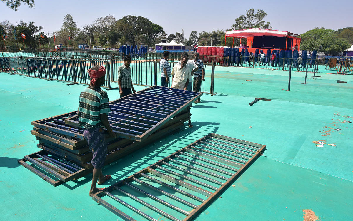 Preparations were on ahead of Prime Minister Narendra Modi's visit, at Maharaja College Grounds in Mysuru on Sunday February 18, 2018- PHOTO / IRSHAD MAHAMMAD