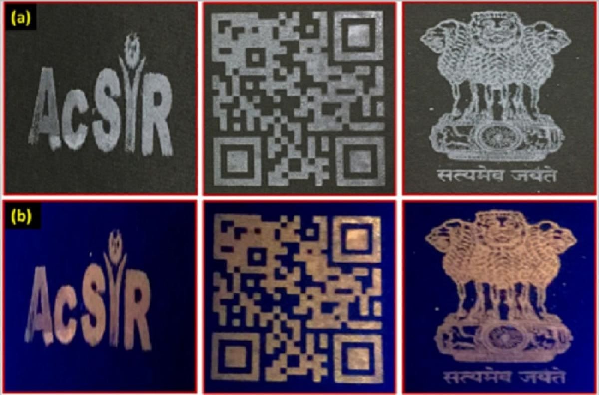Prints using the new security ink appear differently under normal light (a) and under UV light (b).
