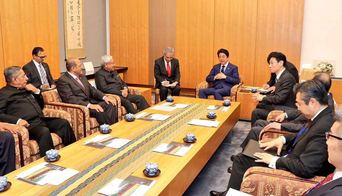 Chief Minister Nitish Kumar, who is on a four-day visit to Japan, has sought the assistance of Prime Minister Shinzo Abe in setting up a 'Peace corridor' in Bihar.  Picture courtesy Twitter