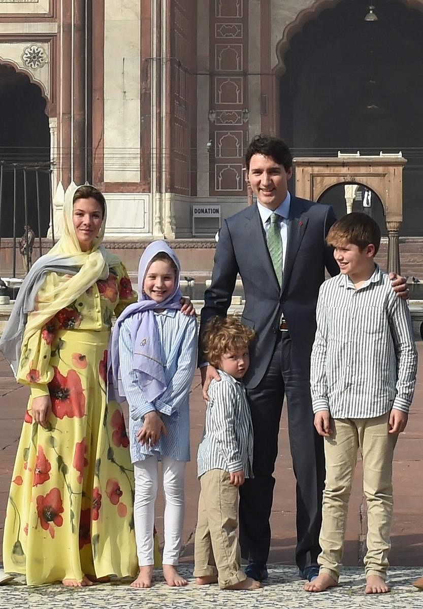 Canadian Prime Minister Justin Trudeau, his wife Sophie Grgoire, daughter Ella-Grace Margaret, sons Xavier James and Hadrien pose for a photograph at Jama Masjid, in New Delhi on Thursday
