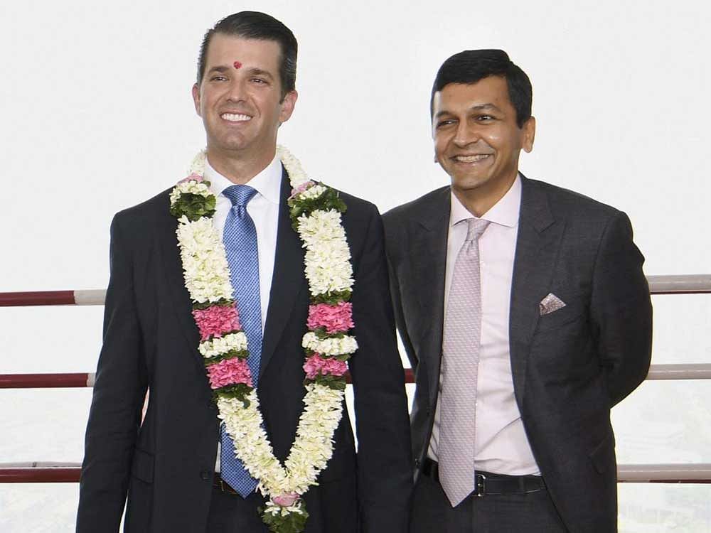 Trump Organisation Executive Vice President Donald Trump Jr. along with Lodha Developers MD Abhishek Lodha pose for a photo announcing topping out of India's first Trump Tower Project by Lodha Group under the Lodha Luxury Collection, in Mumbai. PTI Photo