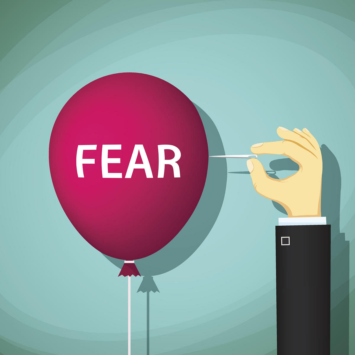 Man bursts a balloon with the word fear. Stock vector illustration.Fears