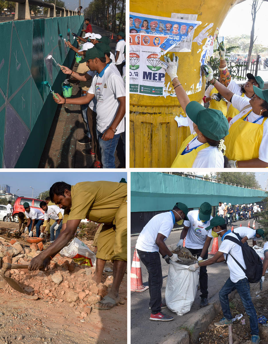 Volunteers cleaning road side, painting on flyover wall at Clean Bengaluru mission 24th Feb to 3rd March, campaign under A Clean Bengaluru project organised by Bruhat Bengaluru Mahanagara Paalike (BBMP) at outer ring road, Hebal in Bengaluru on Saturday. Photo by S K Dinesh