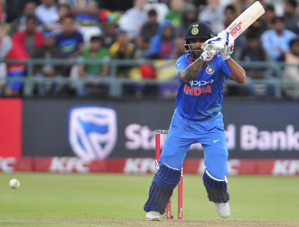 STRONG START: Opener Shikhar Dhawan top scored for India, hitting a 40-ball 47 in the third T20I on Saturday. AP/PTI