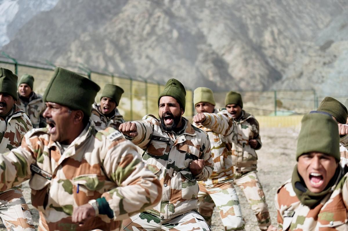Indo-Tibetan Border Police (ITBP) jawans during a drill at the Nelong Border Outpost in Uttarkashi district of Uttarakhand on the New Year 2018. Home Minister Rajnath Singh paid a visit to this border post, located at a height of 11,614 feet in Uttarakhand, and interacted with the ITBP troops during new year celebrations. Under a special project of the Centre all the border posts along the Sino-India frontier are connected with outposts with roads, to save the jawans from long and strenuous marches and enhance the operational efficiency of the personnel.