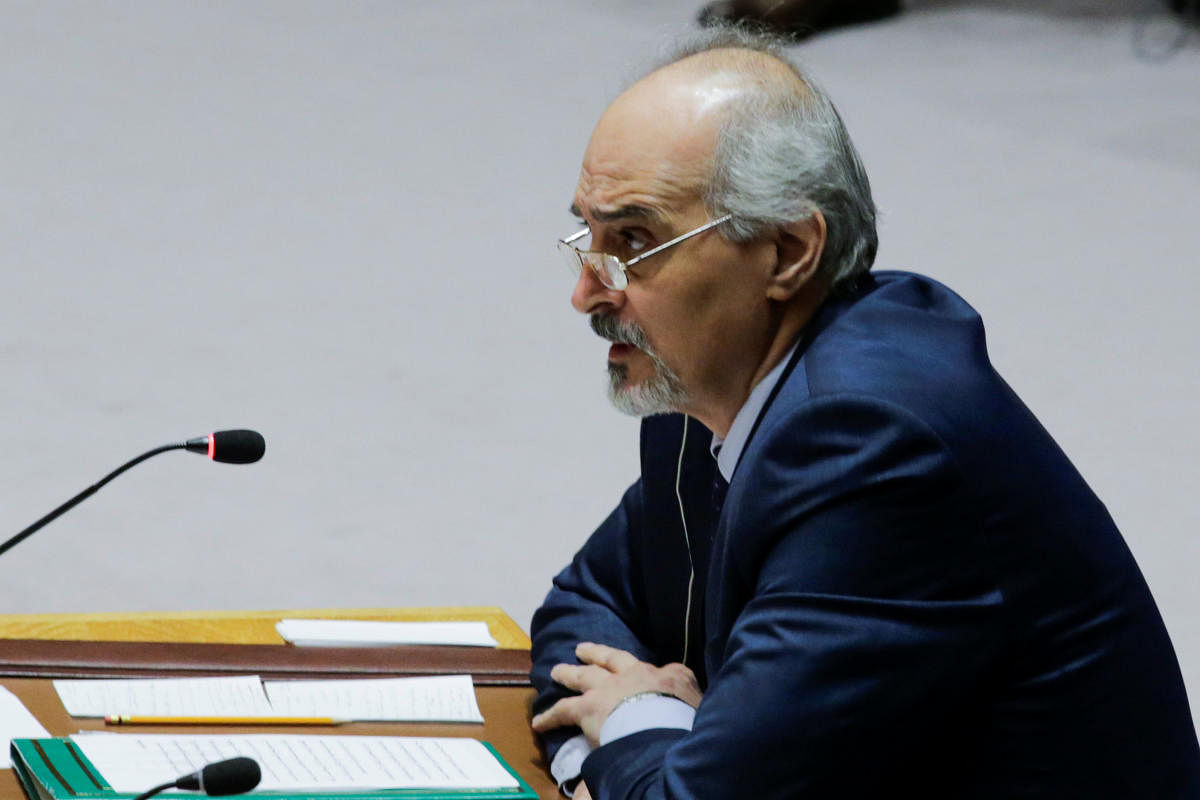 Syrian Arab Republic Ambassador to the U.N. Bashar Jaafari speaks to members of the United Nations Security Council after voting for ceasefire to Syrian bombing in eastern Ghouta, at the United Nations headquarters in New York, U.S., February 24, 2018.
