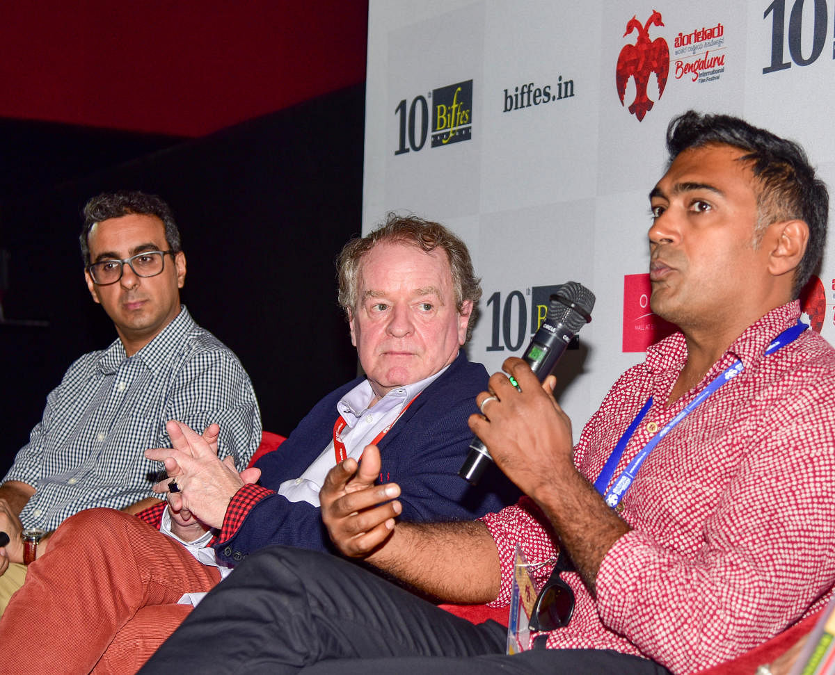 Film Makers Rahul Puri, Anand Ramayya, Marc Baschet are seen during the Panel Discussion on Global co- production Scenario, at the at the 6th day of 10th BIFFES, in Bengaluru on Tuesday. Photo/ B H Shivakumar