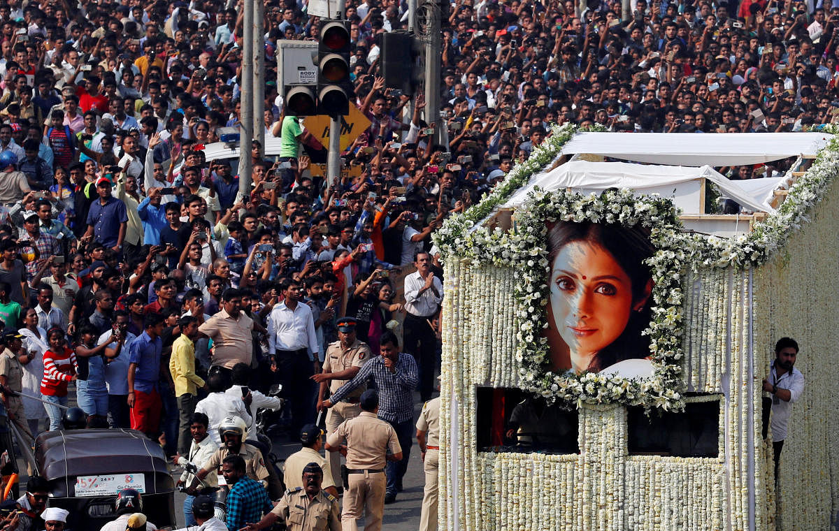 The body of Bollywood actress Sridevi is carried in a truck during her funeral procession in Mumbai, India, February 28, 2018. REUTERS Photo