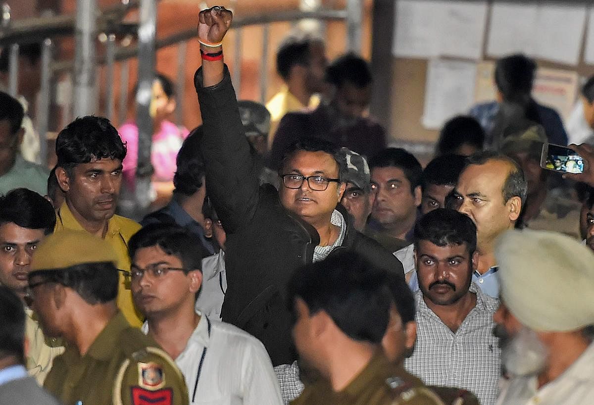 Karti Chidambaram leaves Patiala House Courts after he was remanded to five-day CBI custody in the INX Media case, in New Delhi on Thursday. PTI Photo