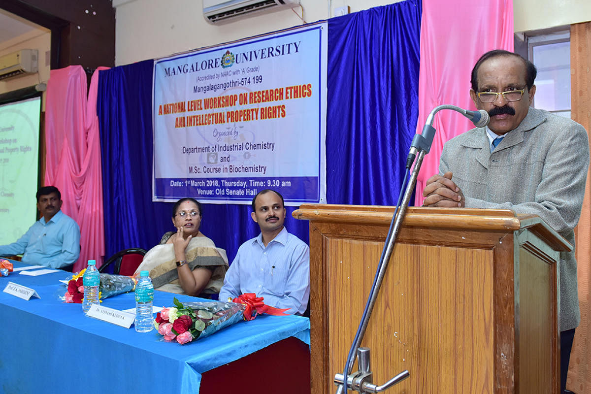 Registrar Prof B S Nagendra Prakash speaks after inaugurating a workshop on research ethics and intellectual property, at Mangalore University on Thursday.