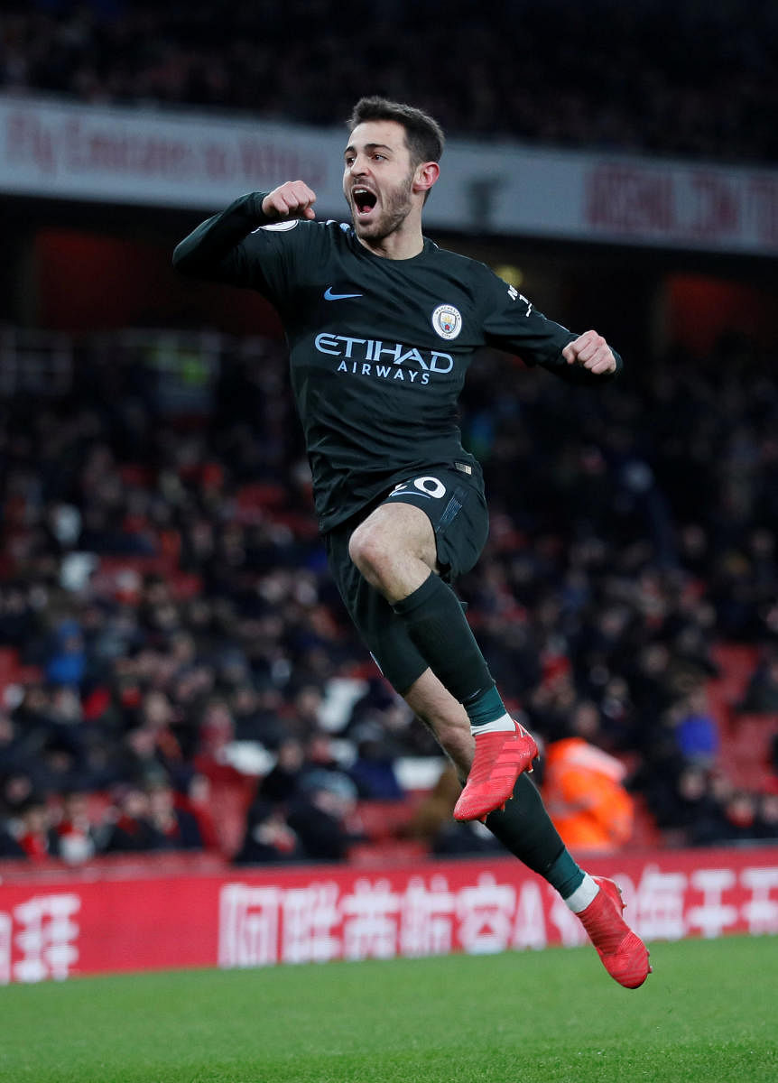 UNSTOPPABLE Manchester City's Bernardo Silva celebrates after scoring their opening goal against Arsenal during their EPL game on Thursday night. REUTERS