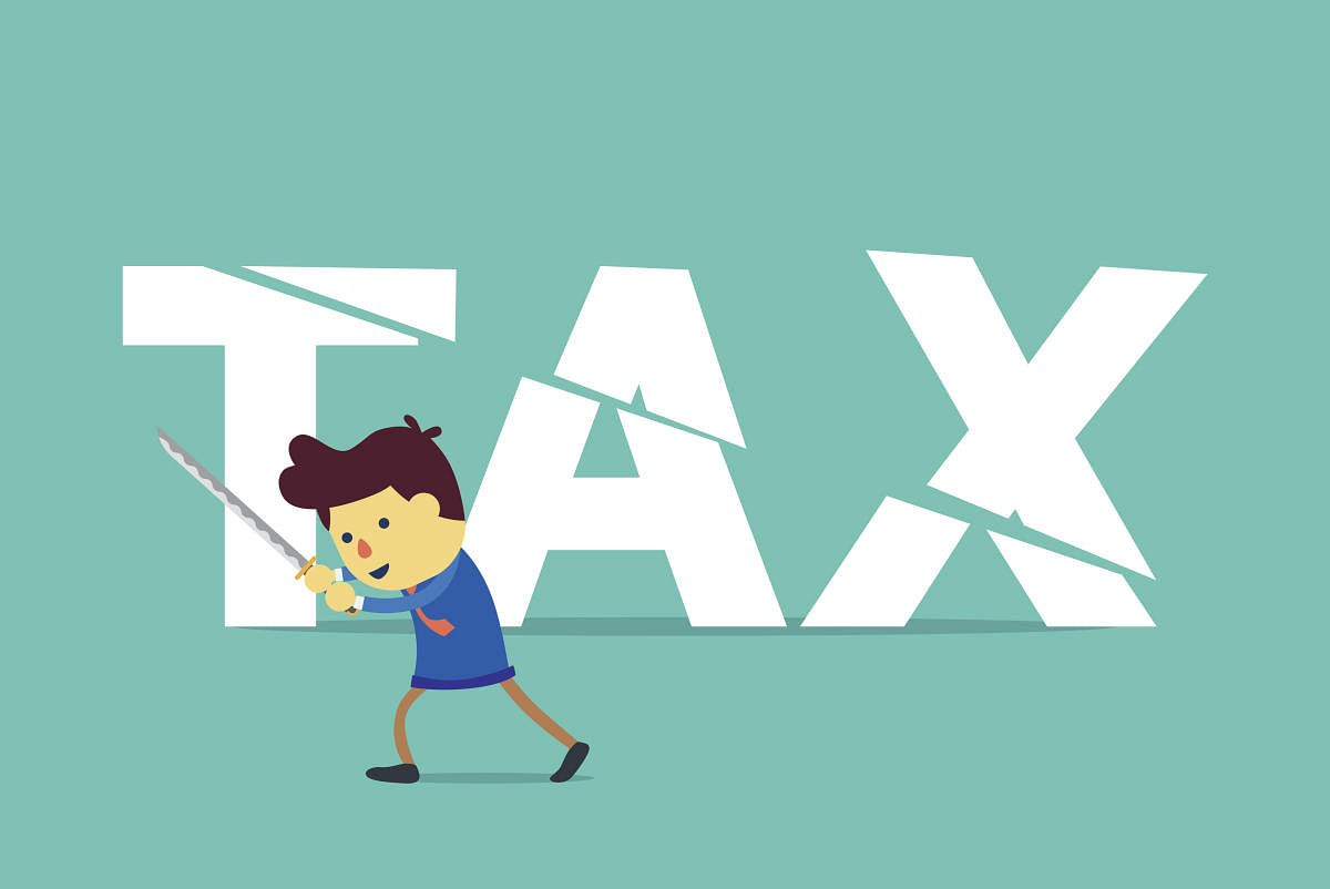 Businessman cut tax with sword. This illustration about save money by tax deduction.Tax