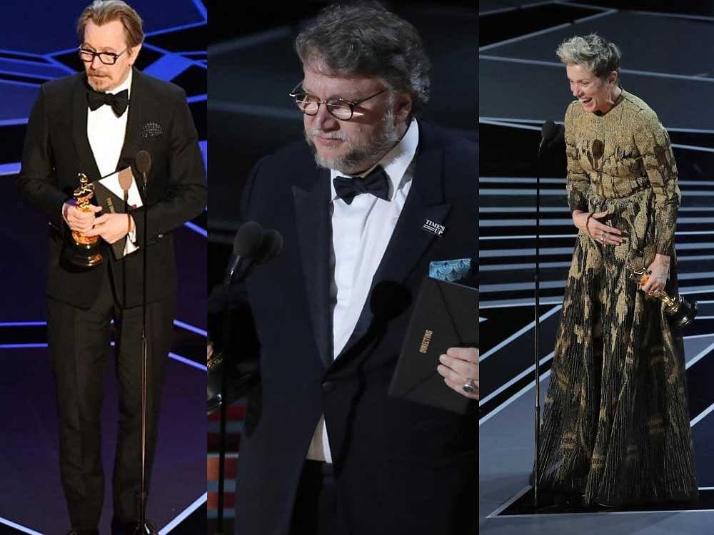 Gary Oldman, Guillermo del Toro, Frances McDormand after winning Oscars. Reuters photos