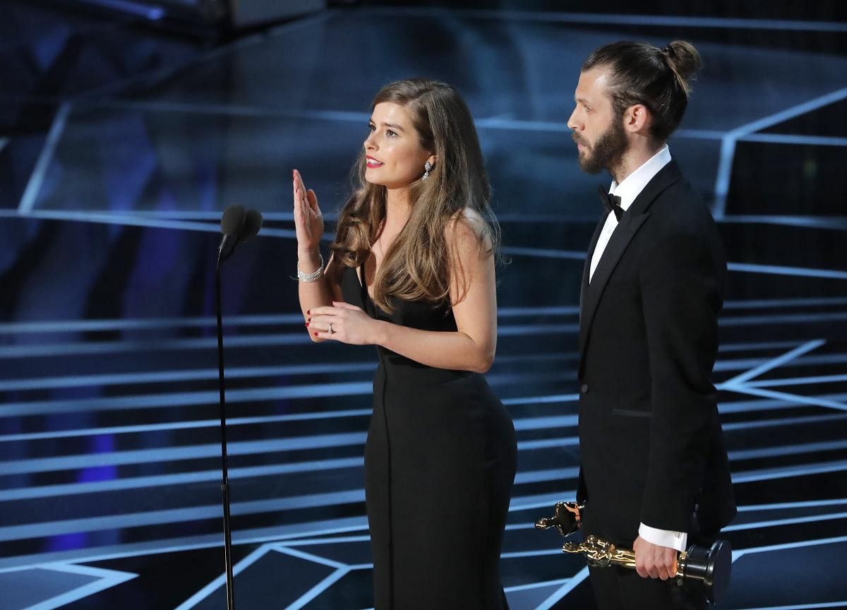 Rachel Shenton and Chris Overton accept the Oscar for Best Live Action Short Film for